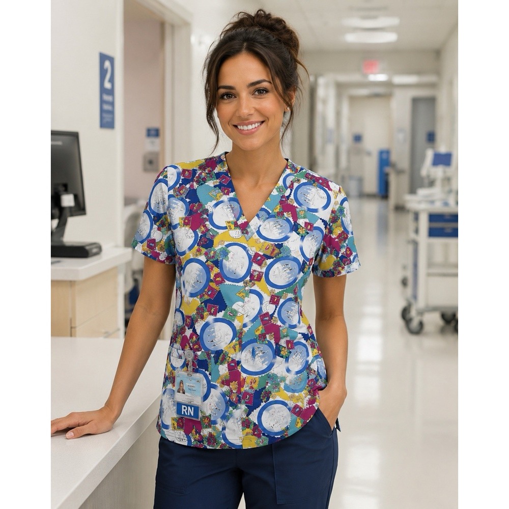 Fashion Scrubs Womens Large V-Neck Scrub Top Multicolor Postage Stamp Castle